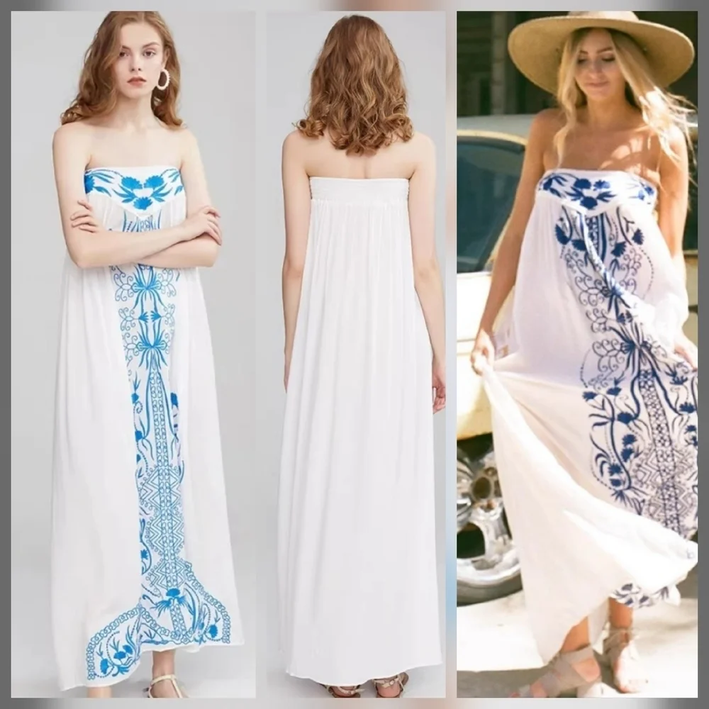 Chic White and Blue Strapless Maxi Dress - Picture 3 of 16